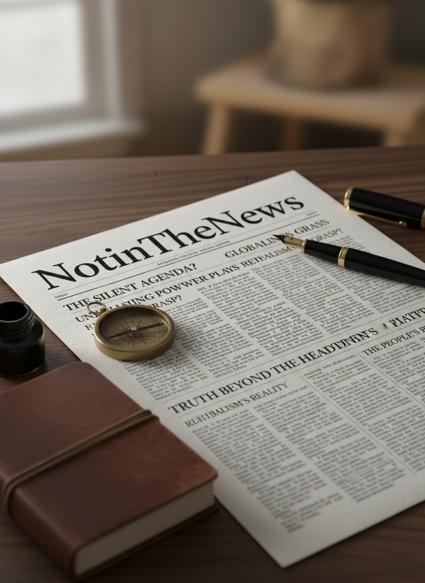 A large, meticulously detailed newspaper front page titled “NotInTheNews” lies flat on a dark walnut desk, its bold black masthead sitting above a collage of headlines that question mainstream political narratives, rendered as sharp, legible text blocks without mentioning real events. Around the paper sit a vintage brass compass, a worn leather-bound notebook, and an old-fashioned fountain pen, all arranged with deliberate symmetry. Cool, diffused daylight from an unseen window creates soft highlights on the glossy ink and subtle shadows along the paper’s creases. Photographic realism, eye-level composition with a slight diagonal tilt enhances depth, while the background fades into gentle blur, conveying a bold, investigative, America First atmosphere that invites readers to look beyond conventional news.